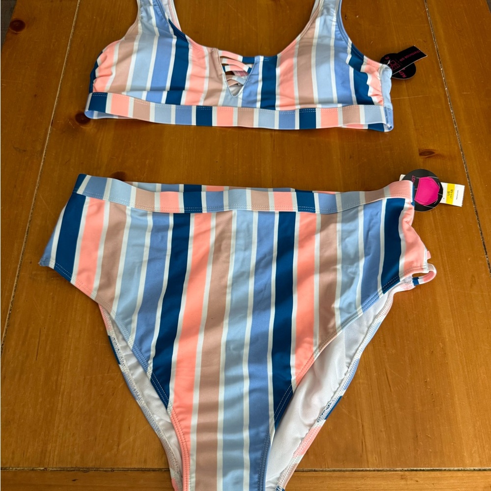 No Boundaries Blue and Pink Striped Bikini